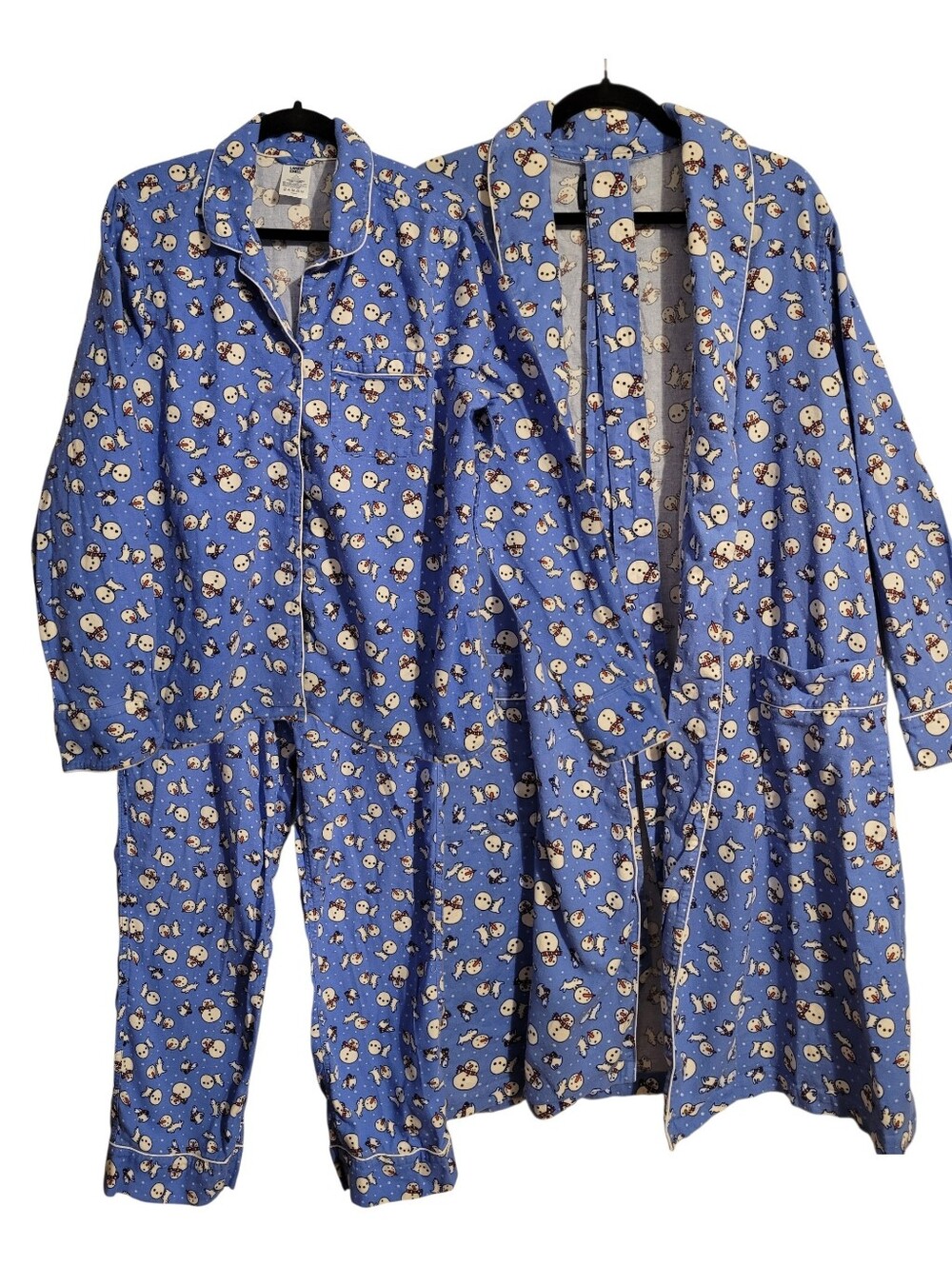 Lands End Cotton Blue Snowman Winter Novelty 3pc Pajama Set Top Pants Robe Wmn L